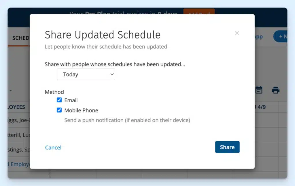 The “Share Updated Schedule” screen, with options to update employees via email and mobile phone.