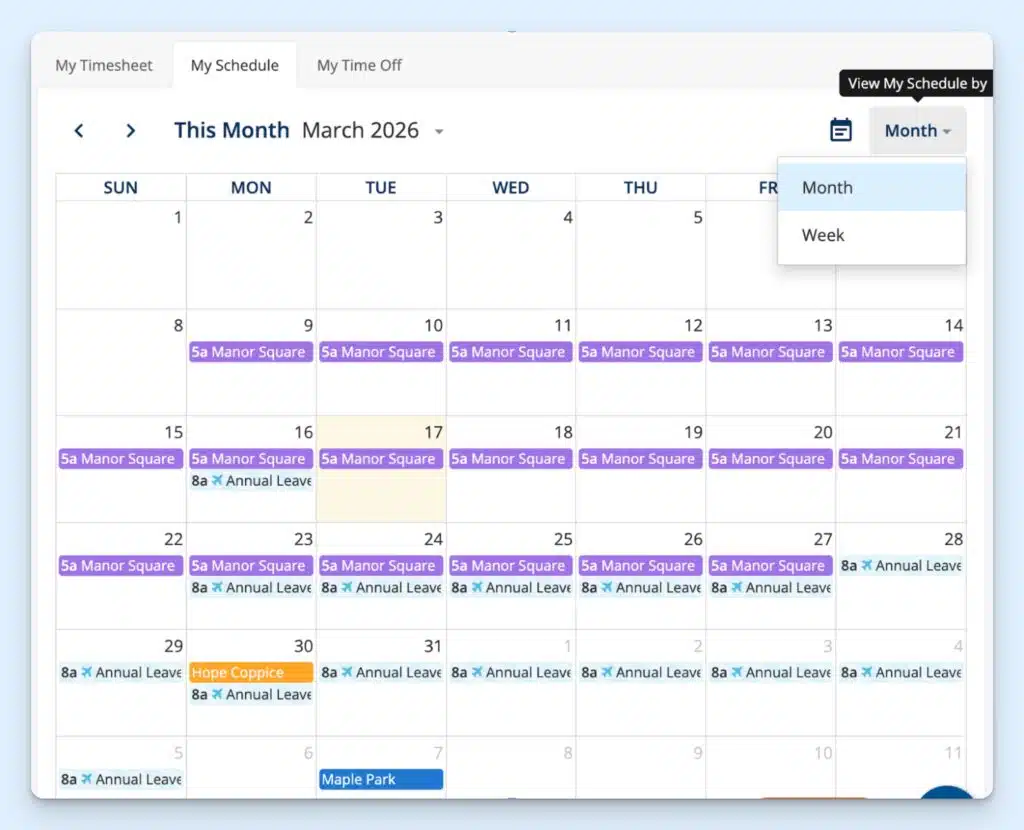 The “My schedule” screen on ClockShark showing a monthly view. Shifts are labeled and color coded. Annual leave days are shown in blue.