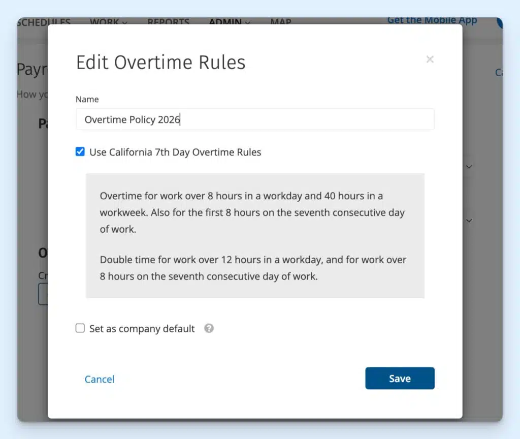 “Edit overtime rules” screen on ClockShark. A checkbox titled “Use California 7fb Day Overtime Rules” is ticked.