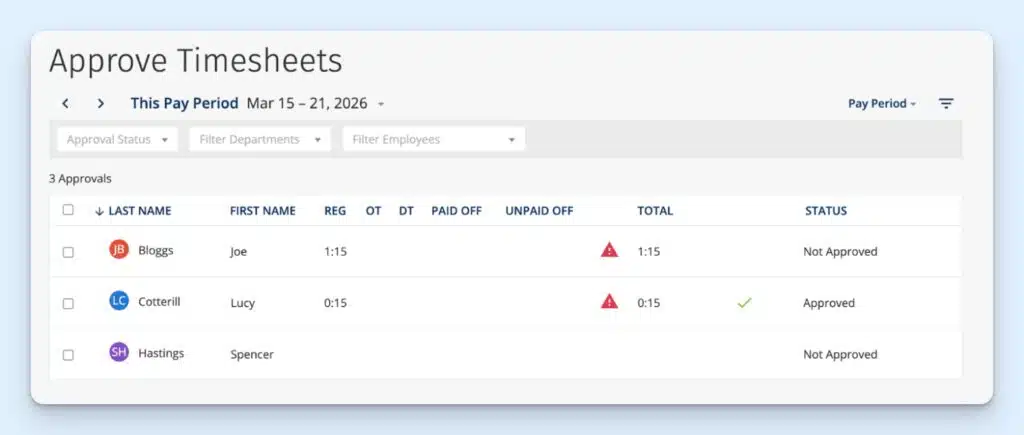 The “Approve timesheets” screen on ClockShark, showing three employees and an exclamation mark indicating that their timesheets have anomalies.