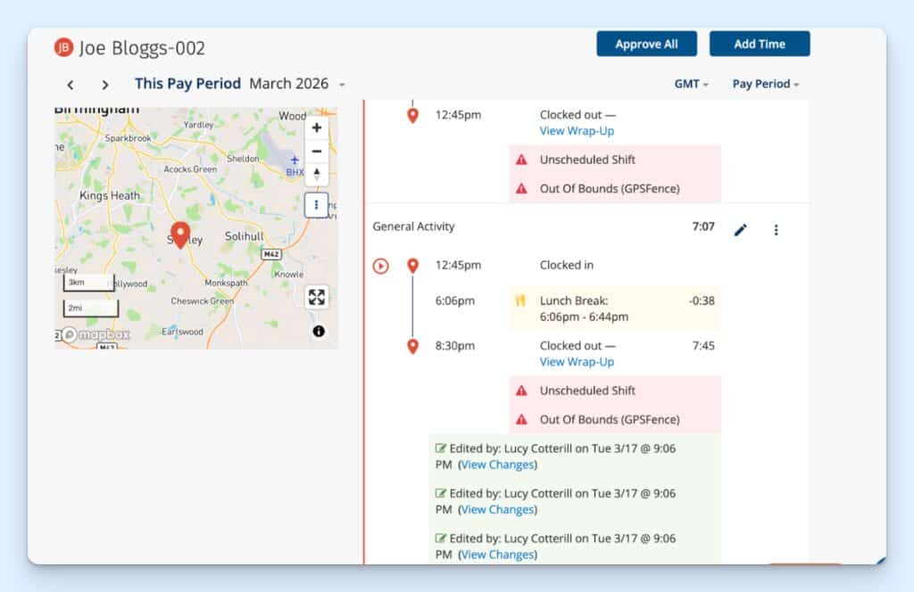 Detailed view of an employee’s timesheet, showing their location on the map, clock-in time, break taken, and clock-out time. An unscheduled shift and out-of-bounds geofence have been flagged. A green box highlights the manager’s edits.