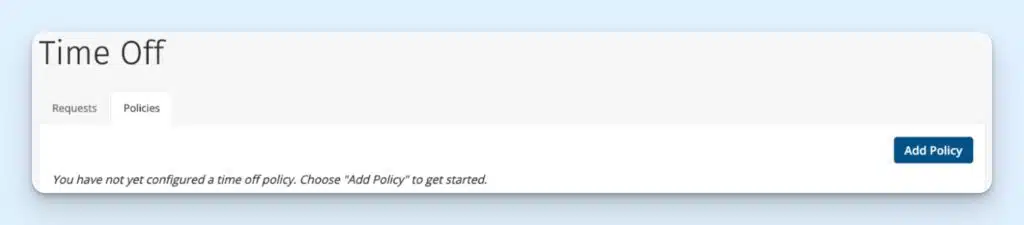 “Time off” policy screen, with a blue button labelled “Add policy.”