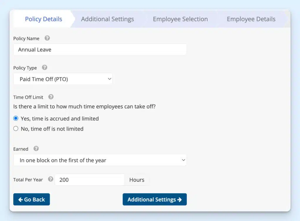 “Leave policy” settings on ClockShark, with options to specify limits and accrual rules.