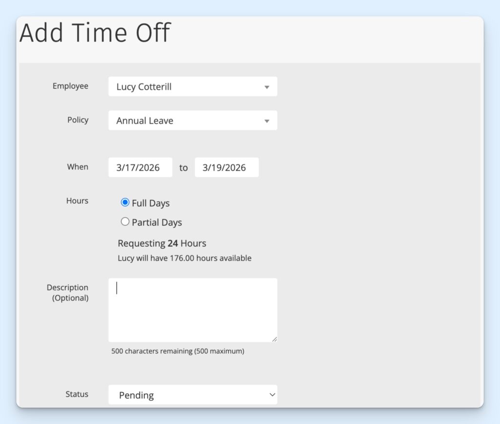 A time off request form on ClockShark, with the annual leave policy chosen and 3 full days requested.
