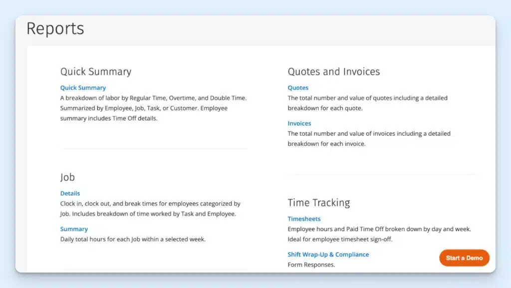 The Reports view on ClockShark, with options to view a Quick Summary, Quotes and invoices, Jobs, and Time Tracking.