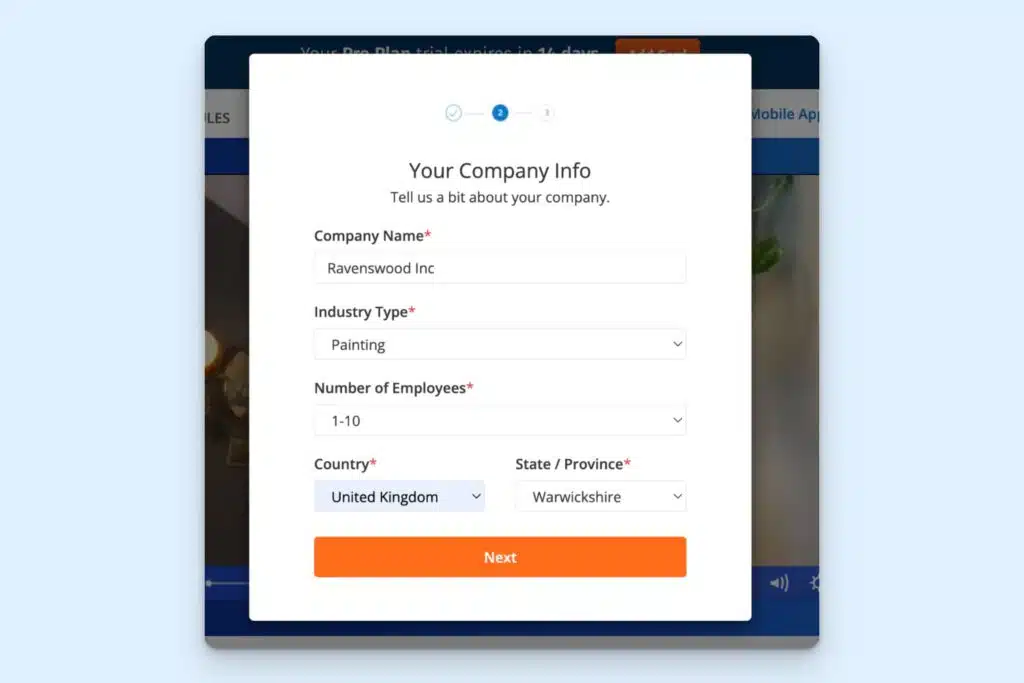 ClockShark sign-up form titled “Your Company Info” with a field for company name and drop-down lists for industry type, number of employees, country, and state/province.