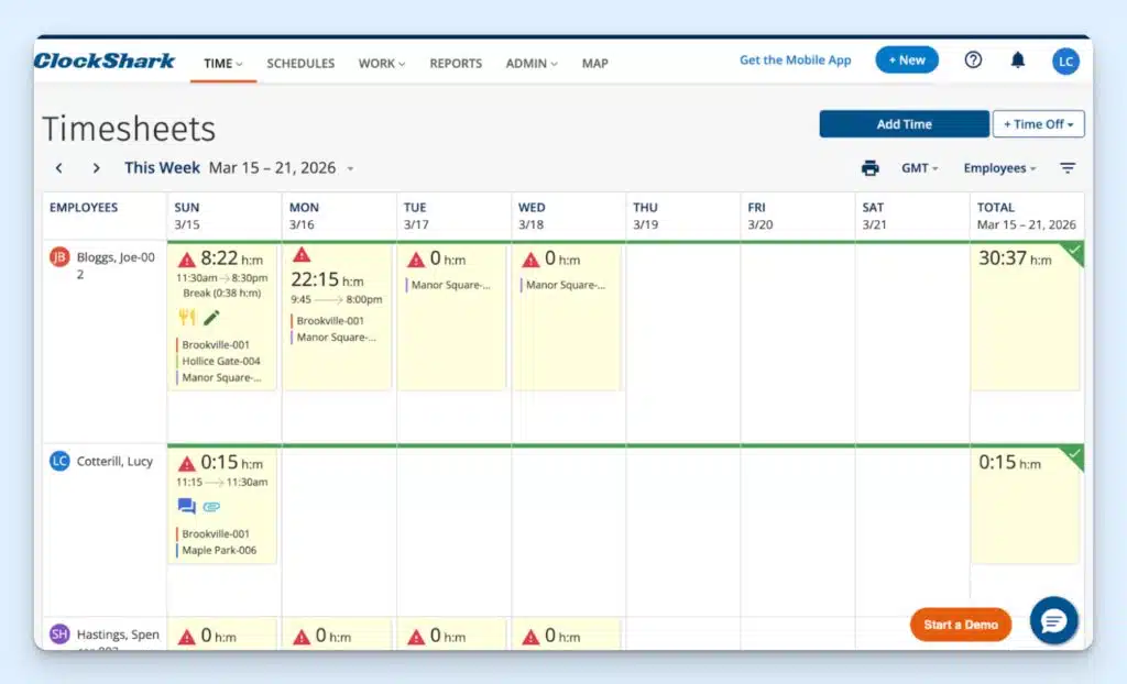 Manager's desktop view on ClockShark, which defaults to the Timesheets page. A menu bar at the top features the menus Time, Schedule, Work, Reports, Admin, and Map.