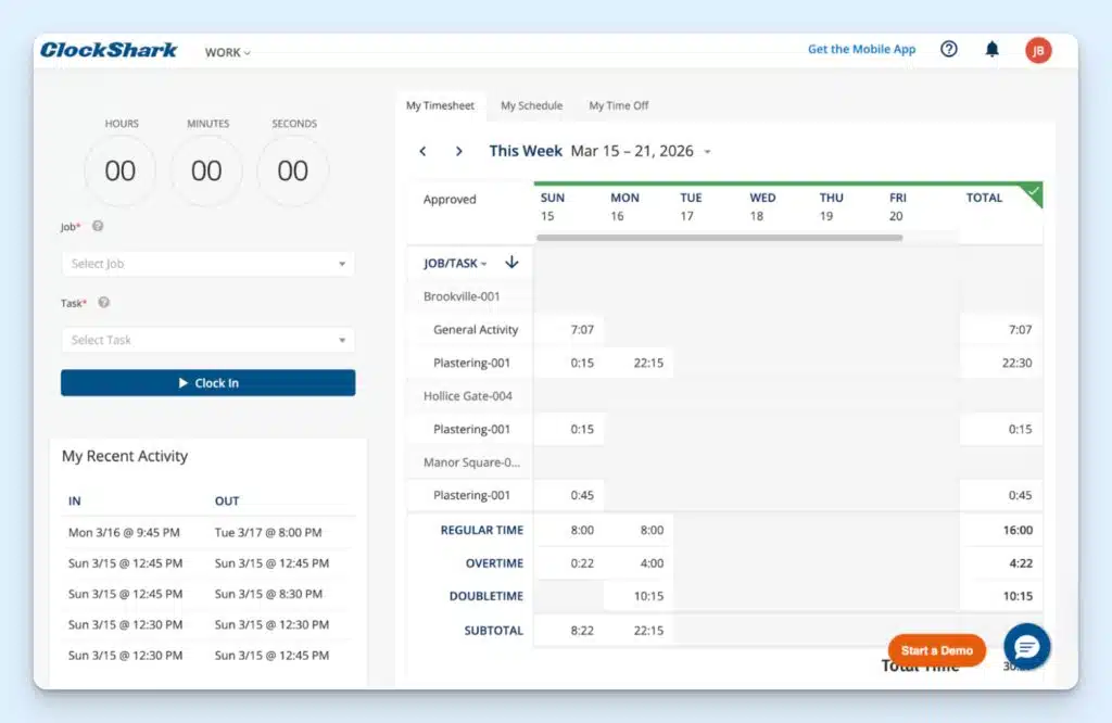 The employee dashboard on a web browser, showing the time clock and recent activity on the left panel. The right panel has tabs for My Timesheet, My Schedule, and My Time Off.