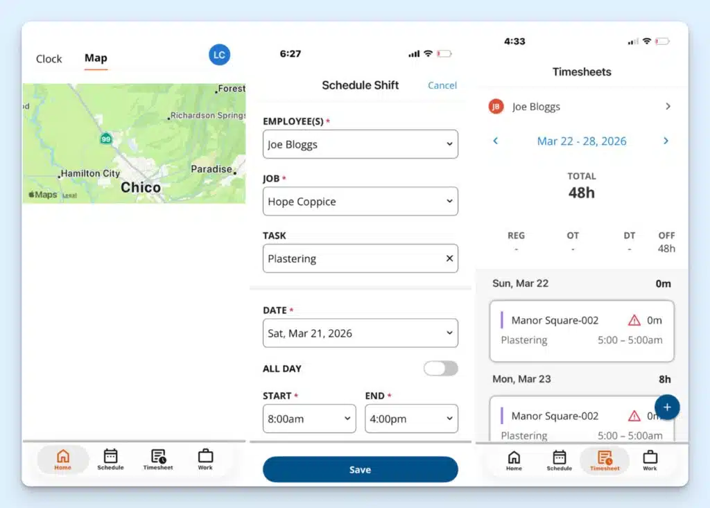 A selection of screenshots from the manager view of the ClockShark app. The screenshots show a map of who’s working, a shift being scheduled, and a timesheet for an employee named Joe Bloggs.