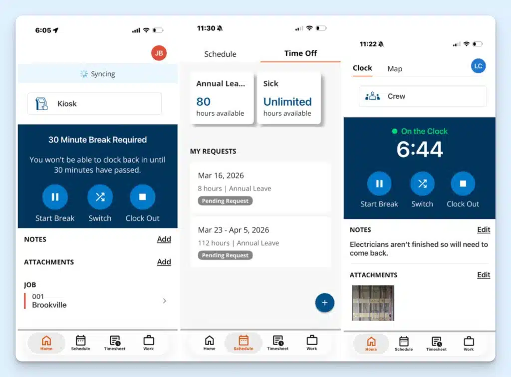 A selection of screenshots from the employee view of the ClockShark app. The screenshots show a break alert, leave balance, and clock with notes and photo attachment.