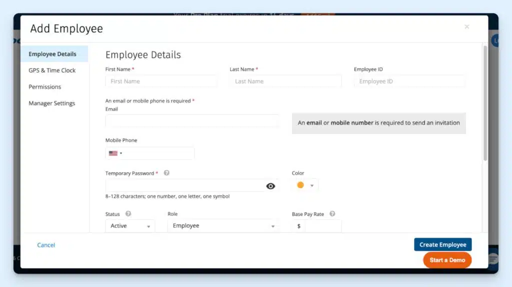 “Add Employee” form on ClockShark, showing first and last name, employee ID, email, phone number, password, role, and pay rate.