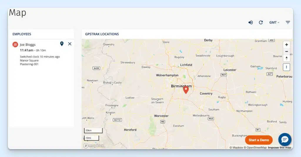 Map view on ClockShark, showing an employee, Joe Bloggs, clocked in at a Birmingham site, the time he clocked in, and which job and task he’s completing.