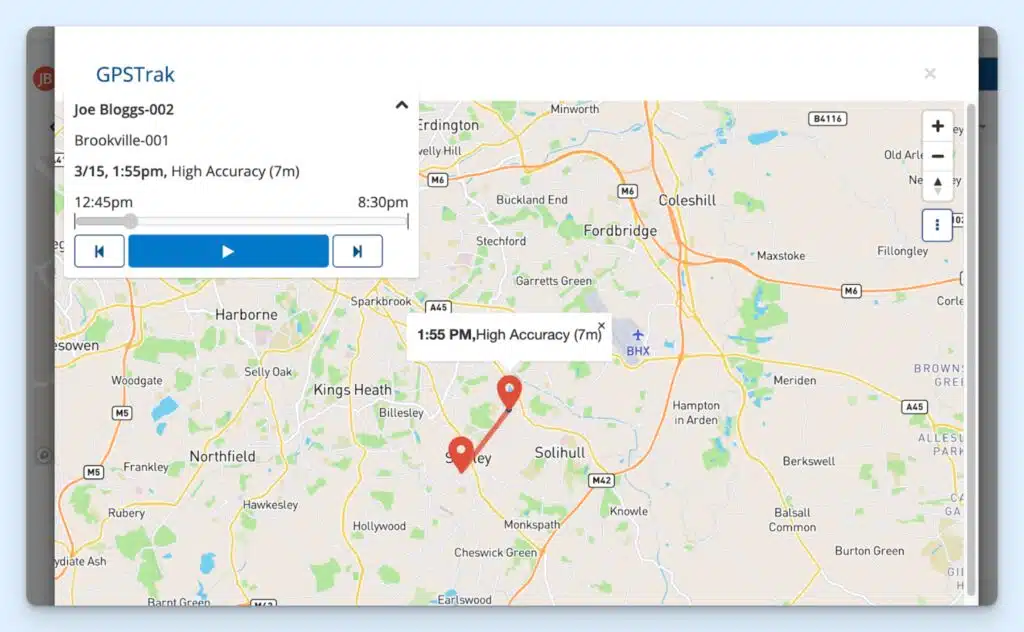 GPS Trak playback on ClockShark, with a map showing an employee's movements while they were clocked in.