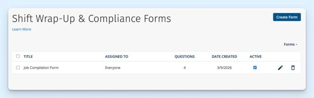 “Shift Wrap-Up & Compliance” form on ClockShark. The screen shows that a “Job Completion” form has been assigned to everyone and is marked as active. There are options to edit, delete, or create new forms.