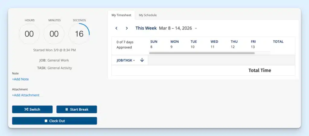 Employee time clock on ClockShark web browser. A timer shows the number of hours, minutes, and seconds clocked, the job, and the task. There are options to add a note and attachment and clear blue buttons to switch jobs, start a break, or clock out.
