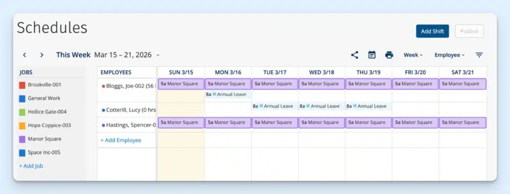 A weekly schedule view on ClockShark with a list of color-coded jobs on the left-hand panel. The calendar shows shifts assigned to two employees and another employee on annual leave on some days of the week.