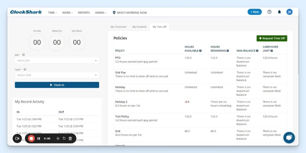 ClockShark Time Clock screen showing a clock-in timer with Job and Task selectors on the left, and a My Time Off tab on the right listing PTO policies with hours available, remaining, max balance, and carryover limits