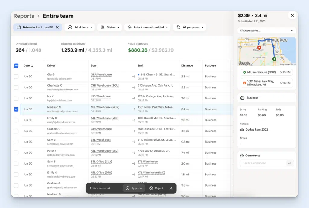 Image showing mileage reports in MileIQ