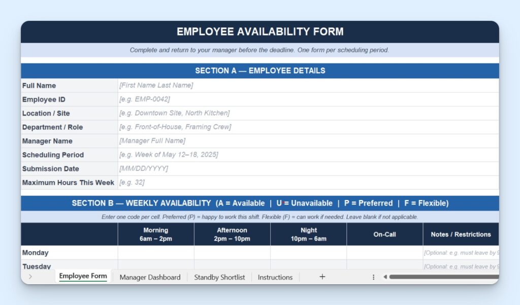 A view of the employee availability form template.