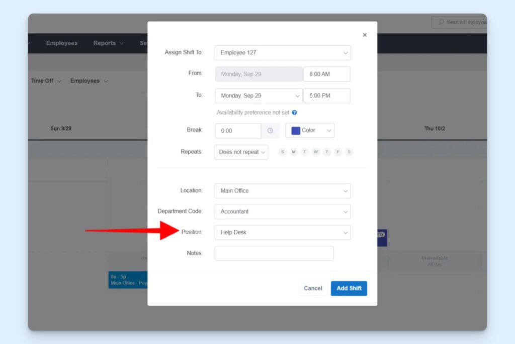 Buddy Punch shift creation form showing fields for employee assignment, shift times, break duration, repeat options, location, department code, and position dropdown menus.