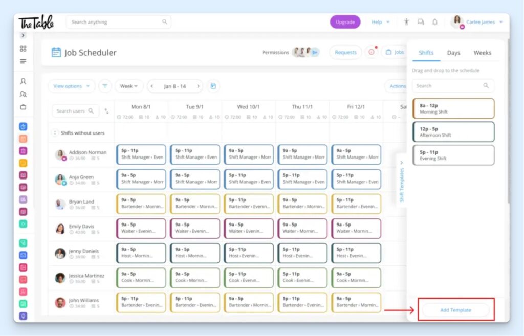 Connecteam Job Scheduler showing a weekly view with employees assigned to shifts by role. Shift templates for Morning Shift, Afternoon Shift, and Evening Shift are available to drag and drop onto the schedule.