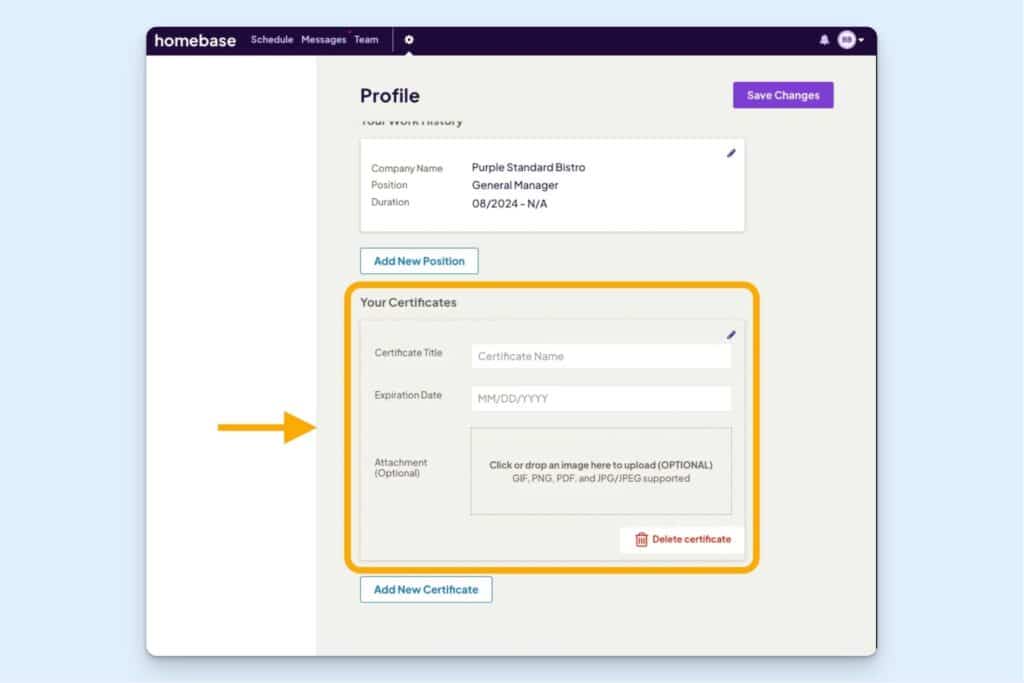 Homebase employee profile page showing the Your Certificates section, with fields for Certificate Title, Expiration Date, and an optional file attachment upload, with an Add New Certificate button below.