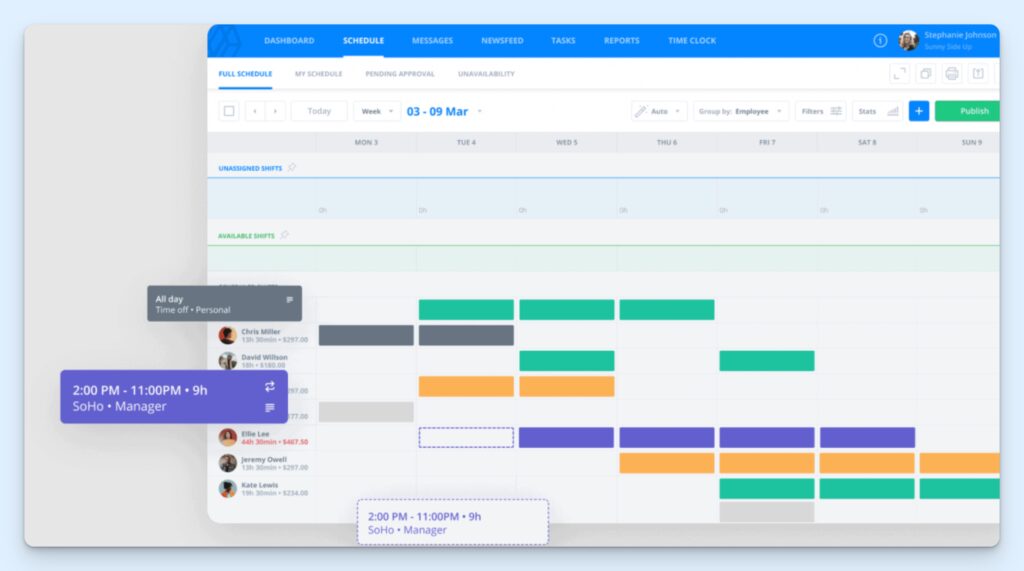 Sling’s weekly schedule, view showing color-coded employee shifts. Weekly hours and labor costs are displayed next to each name, plus sections for unassigned shifts, available shifts, and a time-off indicator.