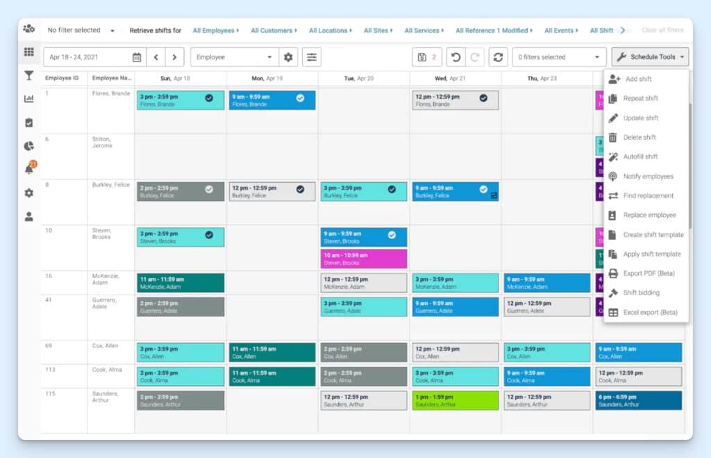Celayix weekly schedule view with the Schedule Tools menu open, showing options for Add shift, Repeat shift, Autofill shift, Find replacement, Replace employee, Shift bidding, and Create Shift Template.