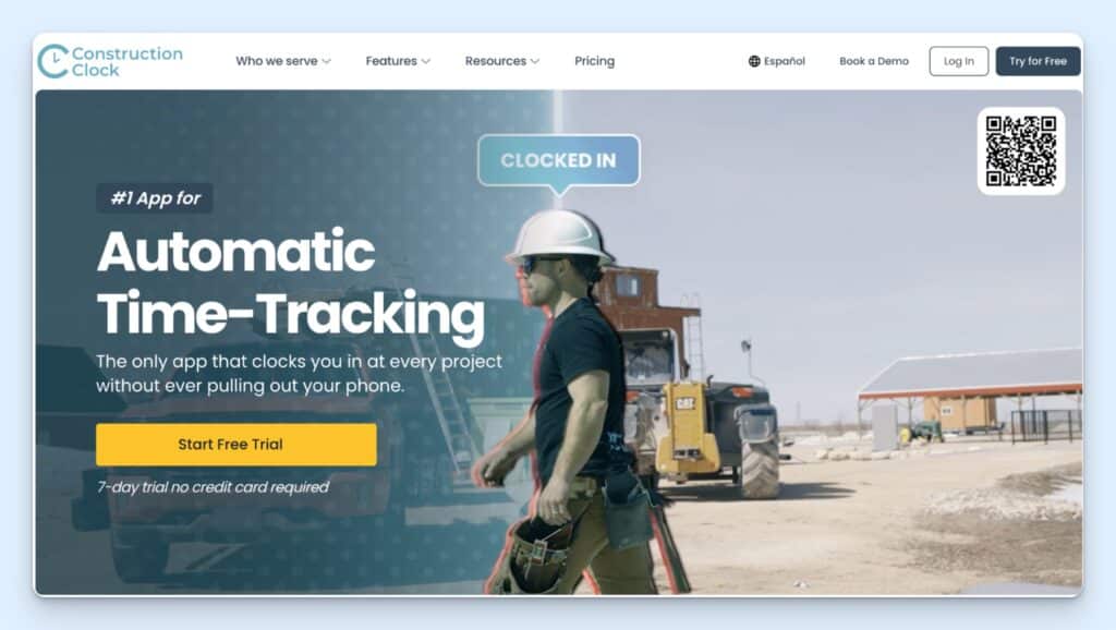 The ConstructionClock homepage with the headline “#1 App for Automatic Time-Tracking” and a large “Start Free Trial” button