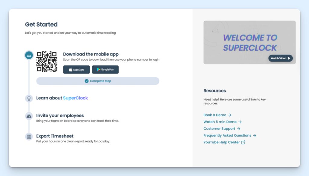 The “Get started” screen on ConstructionClock, which includes a QR code to download the app and links to helpful resources.