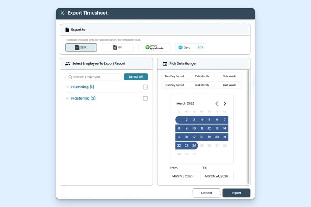 The “Export timesheet” screen in ConstructionClock