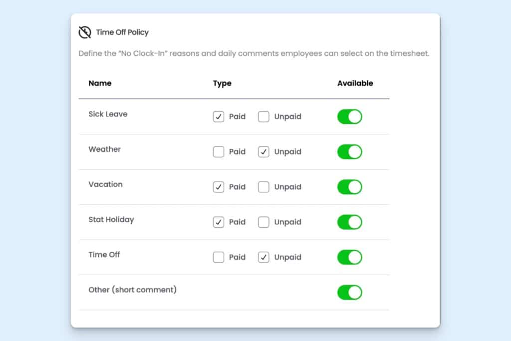 The time off policy page