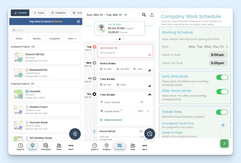 A selection of screenshots of the manager view on the ConstructionClock mobile app