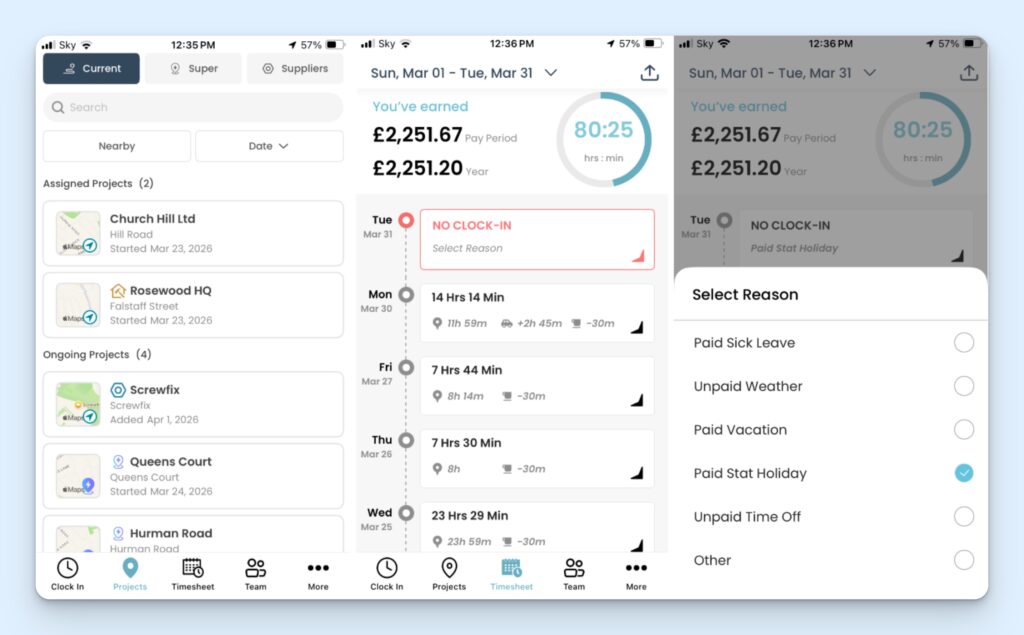 A selection of screenshots of the employee view on the mobile app