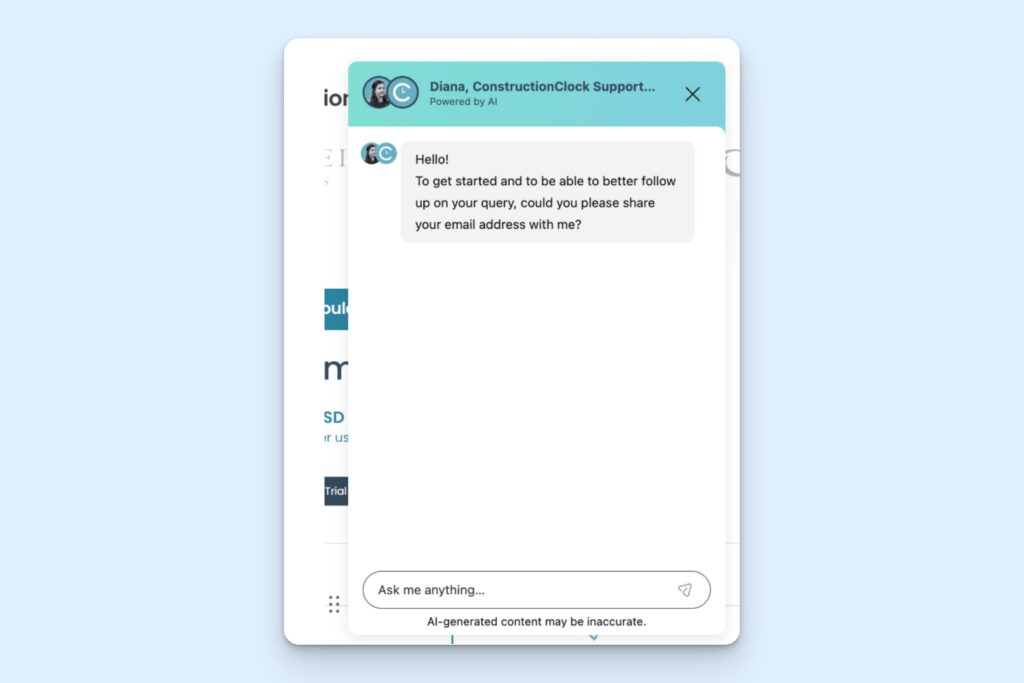 The AI chatbox on ConstructionClock