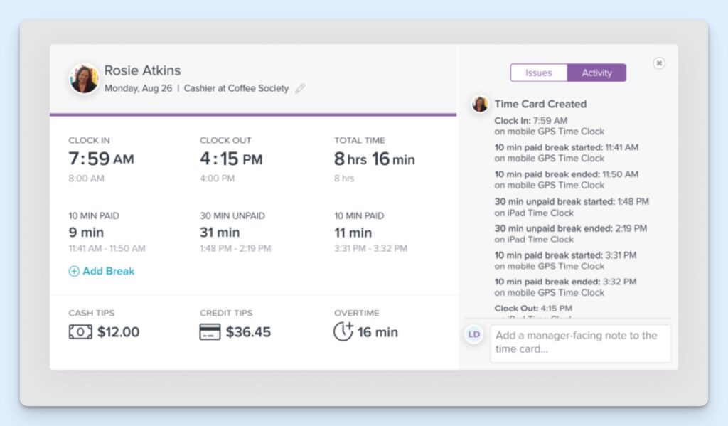 Homebase's timesheet to track hours and shifts with employee details, cash earnings, overtime, and tracked activity.