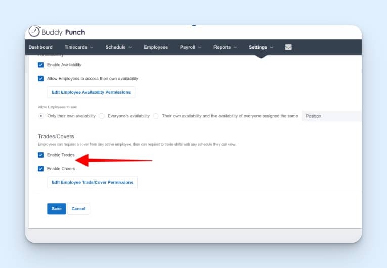 Buddy Punch’s scheduling tool, demonstrating how to enable trades and covers.