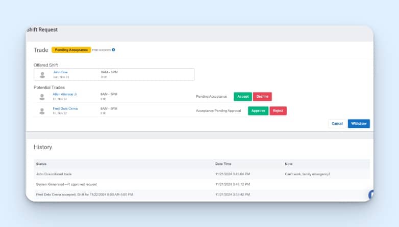 Buddy Punch’s scheduling feature, showing how managers can approve or reject shift swaps.