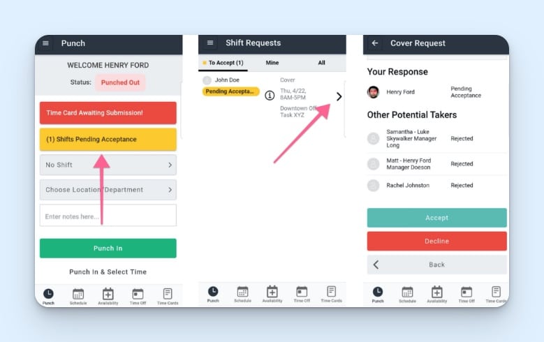 Buddy Punch’s shift-swap process illustrated by three mobile screens, including an employee’s Welcome screen with a shift pending acceptance, a Shift Requests tab, and a Cover Request tab with Accept and Decline buttons.