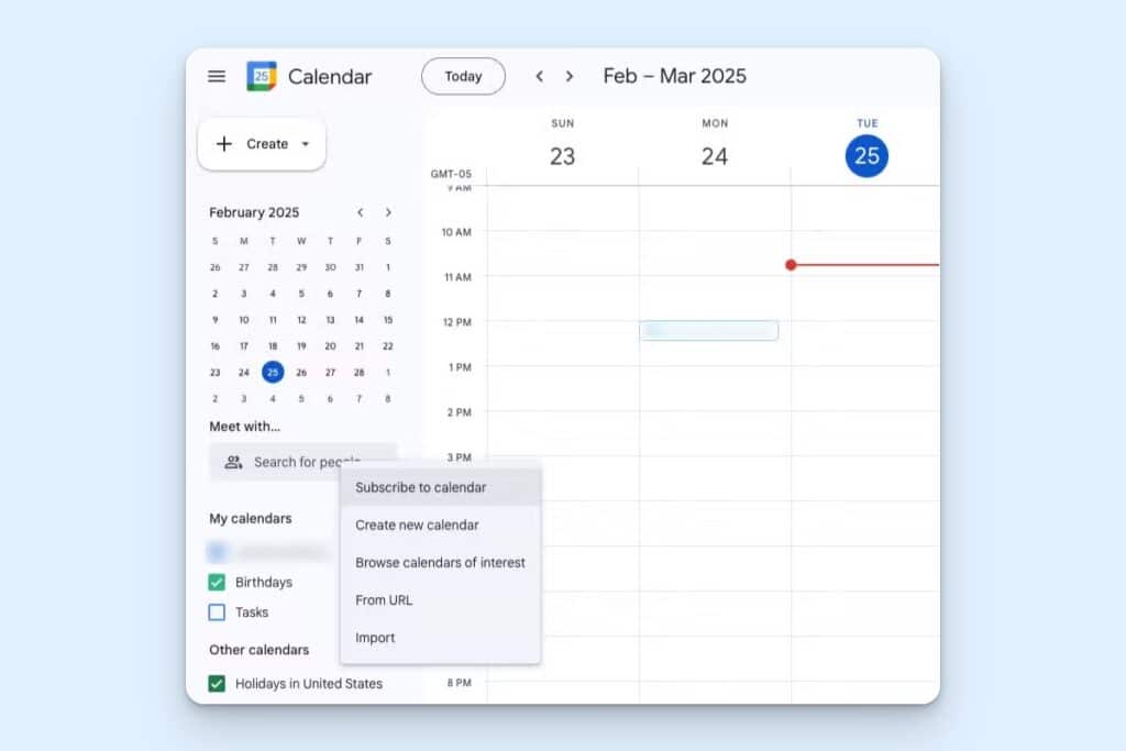 Google Calendar interface showing the settings panel with an option to create a new calendar