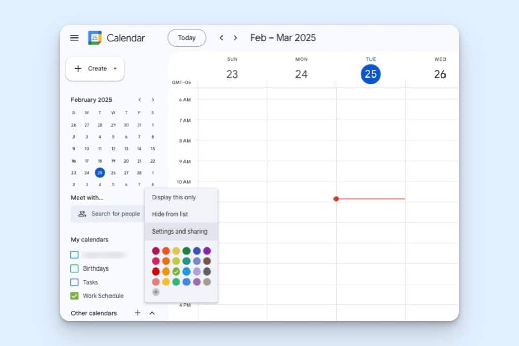Google Calendar dashboard with “My calendars” sidebar open and a menu displaying color options and sharing settings