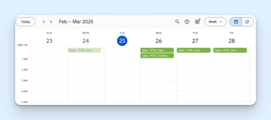 Google Calendar week view showing PTO events scheduled as all-day entries
