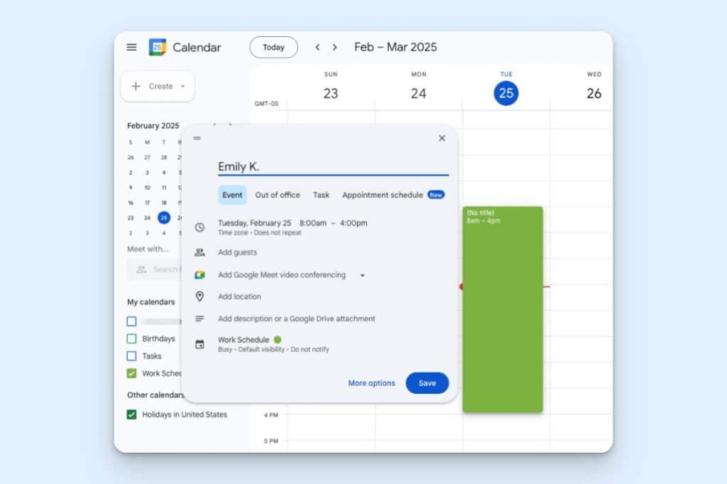 Google Calendar event creation window with date, time, and event details fields.