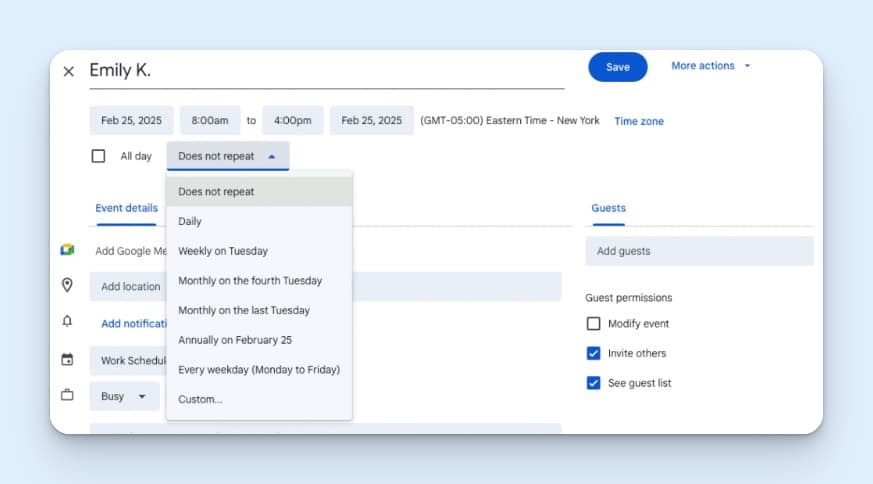Google Calendar event editor with the repeat menu open, showing recurrence options