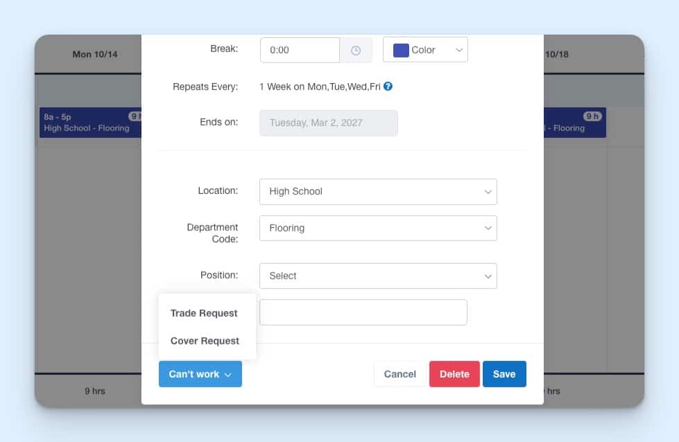 Buddy Punch shift management interface with options for trade request and cover request