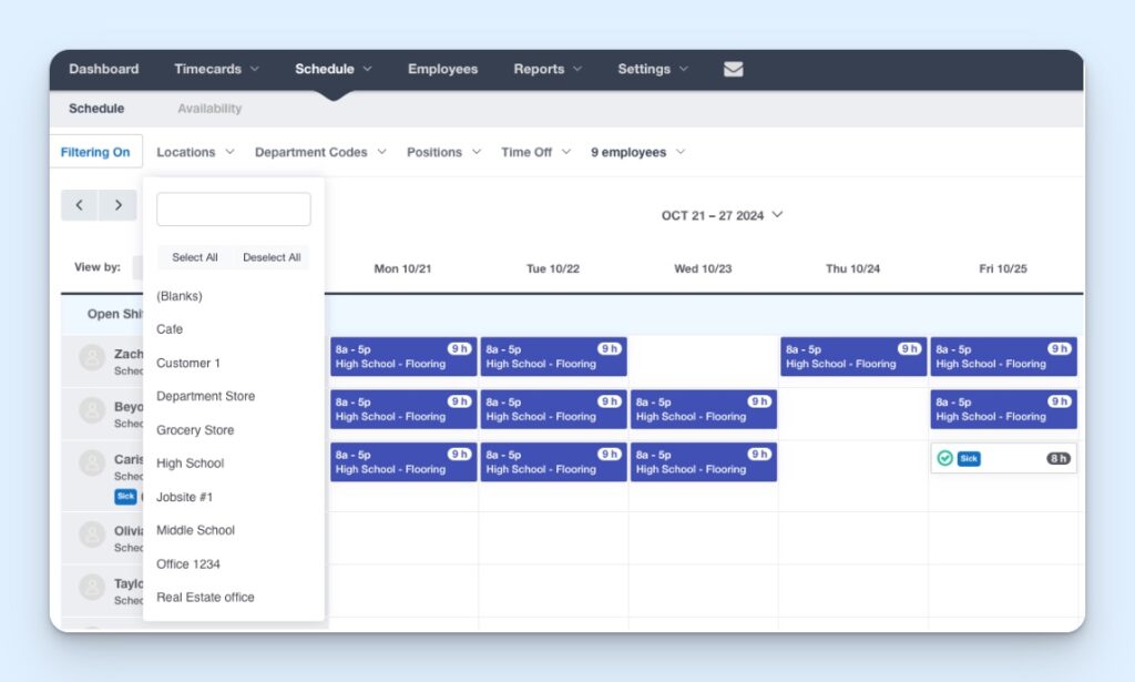 Buddy Punch schedule view with location filter dropdown and employee shifts displayed for the week