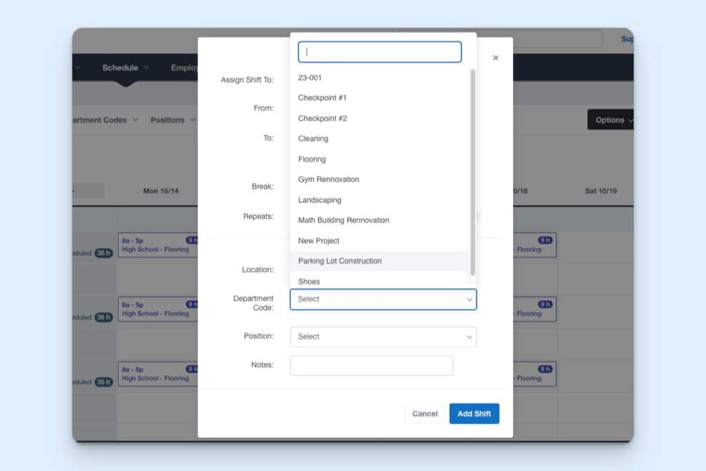 Buddy Punch’s “Add shift” panel with a searchable location list and fields for department code, position, and notes