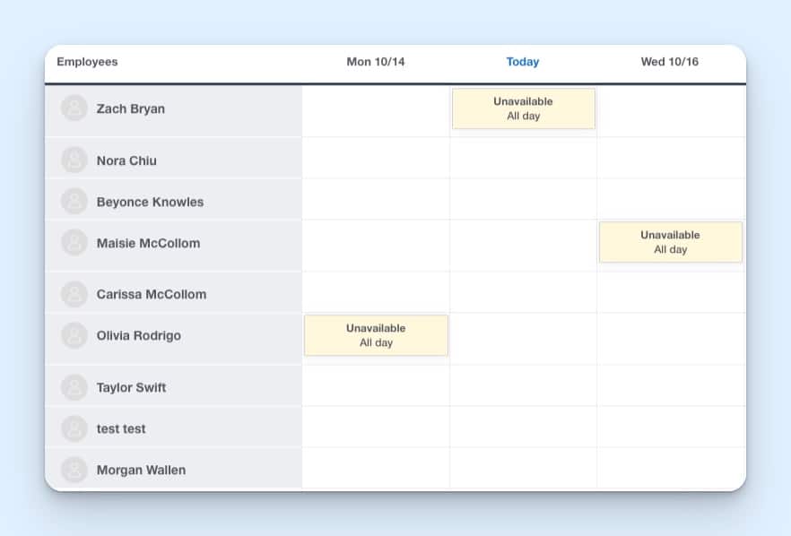 Buddy Punch employee schedule view showing unavailable all-day entries for different employees