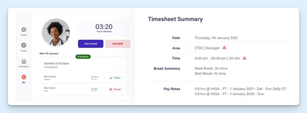 Deputy timesheet and break-tracking screen shown in a mobile-style layout, with hours worked, Start Break and End Shift buttons, a status card showing taken and missed breaks, and a timesheet summary panel listing date, role, shift time, break summary, and pay rate details.