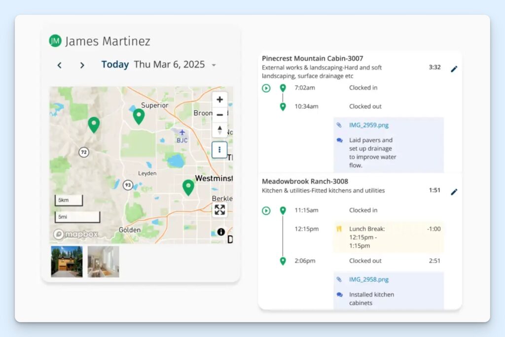ClockShark time tracking screen with a map showing multiple job-site pins, a date selector, and site photo thumbnails on the left, and a daily activity panel on the right listing job entries with clock-in and clock-out times, break details, attached photos, and work notes.